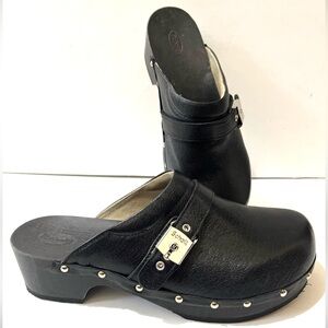 SCHOLL PESCURA Black Leather Mid Wooden Heel Made in Italy Clog Mules 41/10-10.5